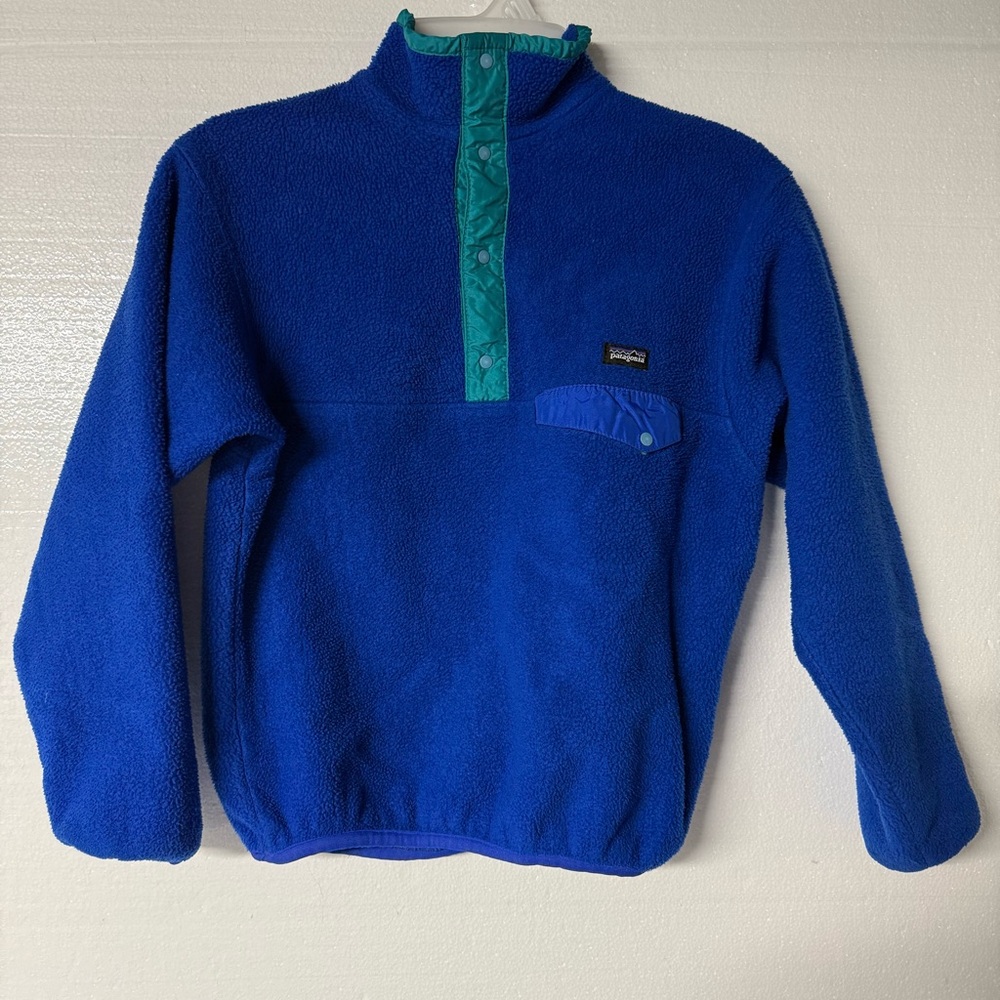 Patagonia Sweater Fleece Kids 12 Blue Snap Button Jacket USA Made Pullover VTG
